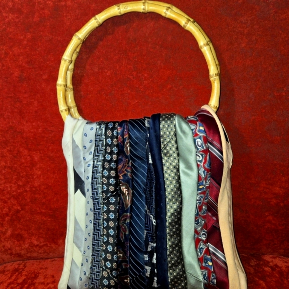 a. Neck Tie Patchwork Upcyled Handbag w/ Bamboo Hoop Handles BOHO BADU FABULOUS - Picture 4 of 15
